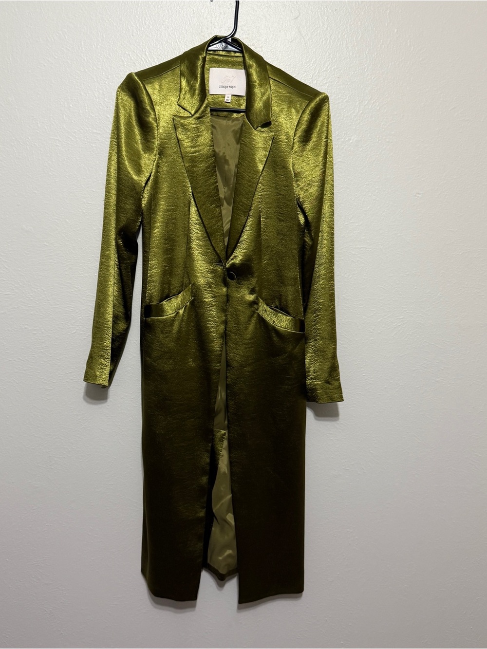 Cinq à Sept Satin Duster Longline Blazer Trench Jacket Metallic Green Glam Luxe